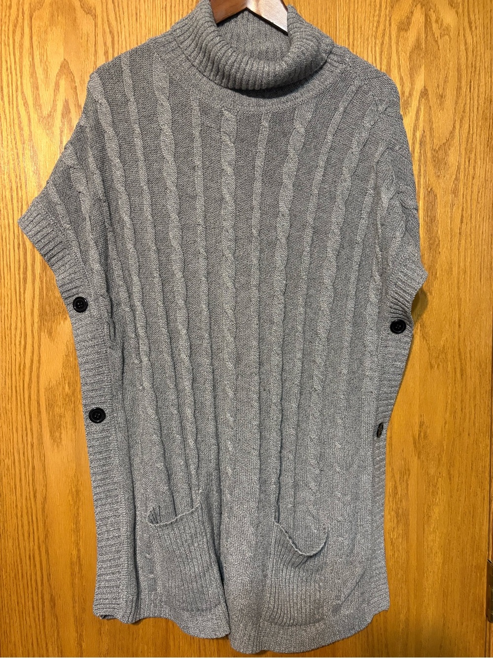 Cozy Gray Cable-Knit Turtleneck Tunic Sweater with Side Buttons